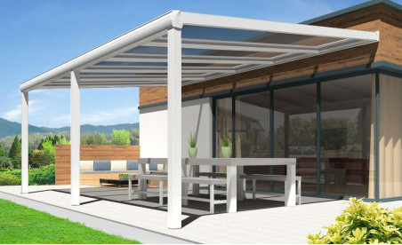 Pergola Gaïa en aluminium blanche avec panneau polycarbonate pose mur/sol