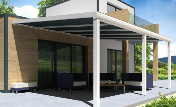 Pergola Gaïa en aluminium grise avec panneau polycarbonate pose mur/sol 2