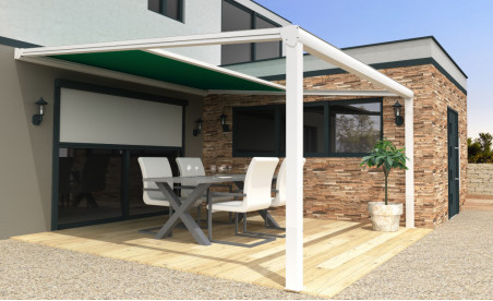 Pergola toile enroulable Phoenix armature blanche et toile acrylique T117 vert bouteille