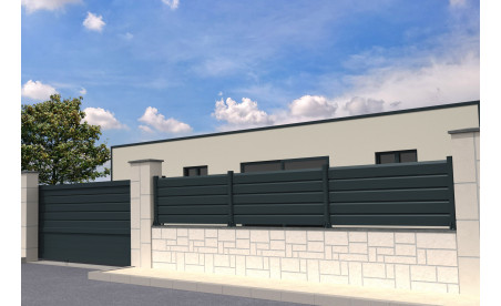 Portail aluminium coulissant et clôture mixte en kit gris anthracite ral7016 structuré