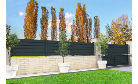 Portail aluminium double battant brise vue en kit avec clôture gris anthracite ral7016 structuré