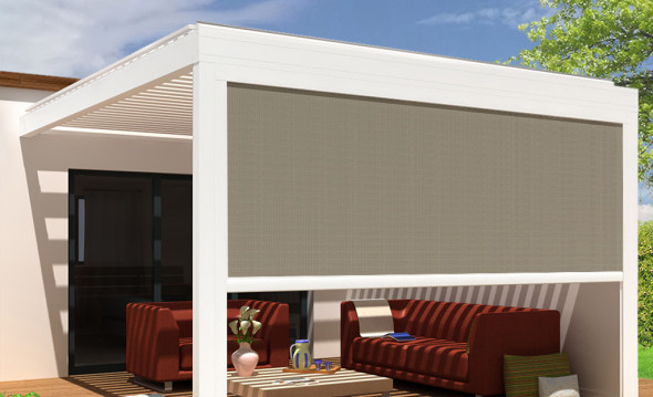 Rideau à coulisses blanc pour pergola bioclimatique à lames orientables toile Telya micro-perforée TMP128 2