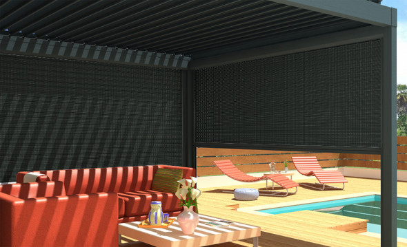 Rideau à coulisses gris pour pergola bioclimatique à lames orientables avec toile blanche 2