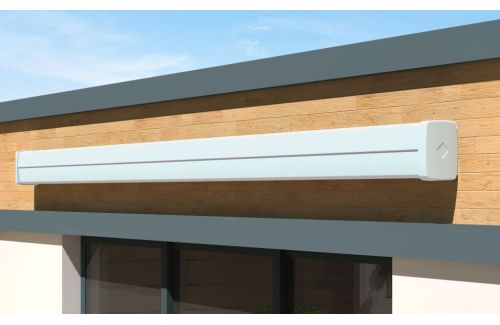 Store banne coffre Eole blanc 5 x 3.50 m Motorisé à télécommande + Led toile crème en position ouverte 2