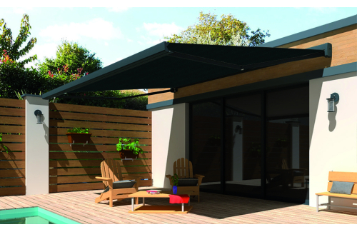Store banne coffre Eole gris 6 x 3.50 m Motorisé à télécommande + Led toile grise en position ouverte