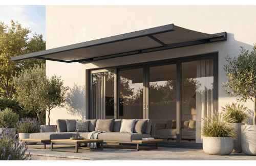 Store en stock coffre intégral Hermès gris Motorisé à télécommande + manœuvre de secours et éclairage led fermé toile T129 gris