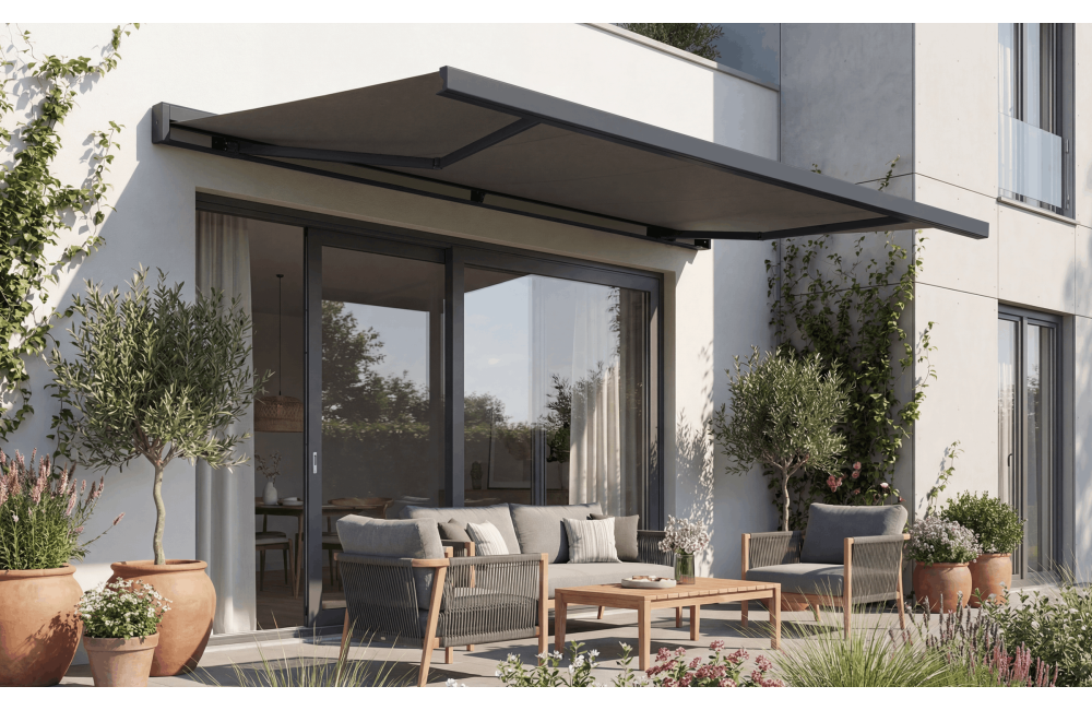 Store en stock coffre intégral Hermès gris Motorisé à télécommande + manœuvre de secours et éclairage led fermé toile S126 gris