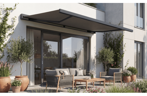 Store en stock coffre intégral Hermès gris Motorisé à télécommande + manœuvre de secours et éclairage led fermé toile S126 gris