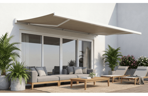 Store en stock coffre intégral Hermès blanc Motorisé à télécommande + manœuvre de secours et éclairage led, toile crème