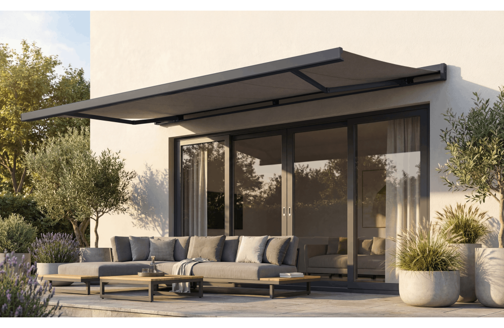 Store en stock coffre intégral Hermès gris Motorisé à télécommande + manœuvre de secours et éclairage led fermé toile T129 gris