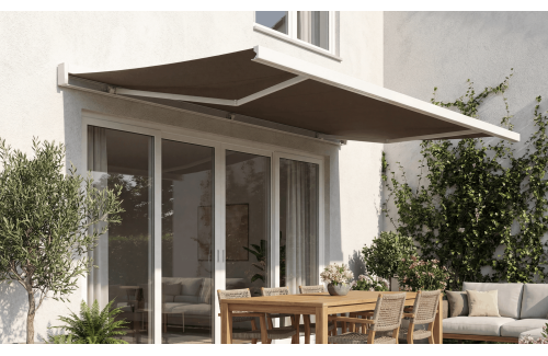 Store en stock coffre intégral Hermès blanc Motorisé à télécommande + manœuvre de secours et éclairage led, toile taupe