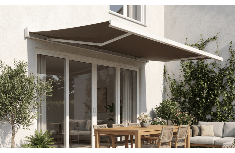 Store en stock coffre intégral Hermès blanc Motorisé à télécommande + manœuvre de secours et éclairage led, toile taupe