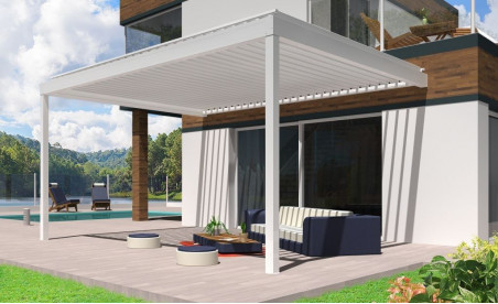 Pergola bioclimatique hélios blanche à lames orientables perpendiculaires