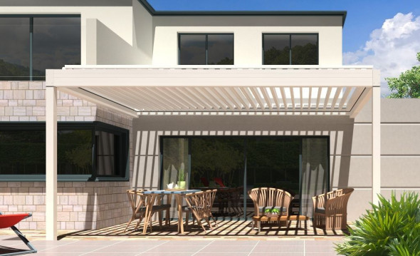 Pergola bioclimatique h3 titan pose mur/sol blanche avec lames orientables perpendiculaires à la façade