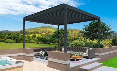 Pergola bioclimatique stores online pose autoportée en îlot grise ral7016 avec lames orientables