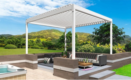 Pergola bioclimatique stores online pose autoportée en îlot blanche ral9010 avec lames orientables