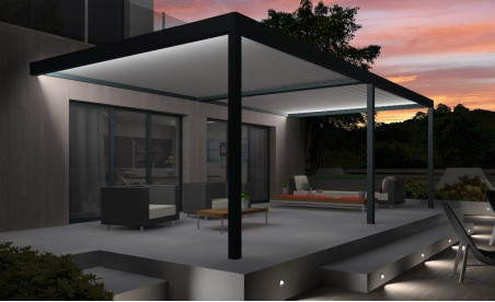 Pergola bioclimatique h2 hélios pose mur/sol grise avec lames orientables blanches double travées et éclairage led