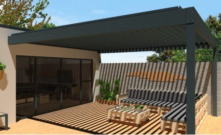 Pergola bioclimatique h2 hélios pose mur/sol grise à lames orientables ouvertes côté gauche