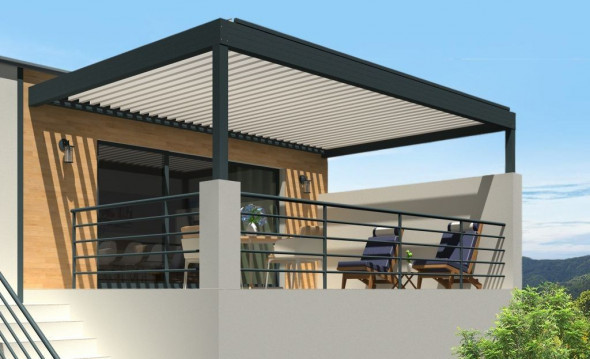 Pergola bioclimatique h3 titan pose mur/sol blanche avec lames orientables perpendiculaires à la façade 2