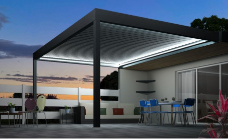 Pergola bioclimatique h3 titan pose mur/sol grise avec lames orientables perpendiculaires à la façade et éclairage led