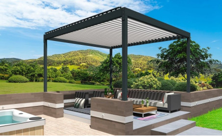 Pergola bioclimatique stores online pose autoportée en îlot grise ral7016 avec lames orientables blanches ral9010