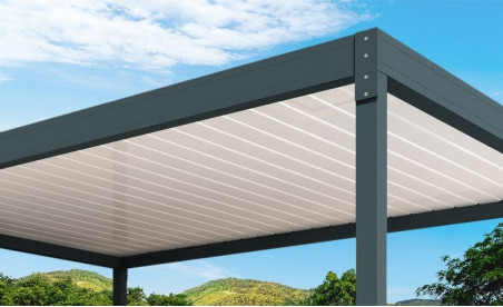 Pergola bioclimatique h2 hélios pose autoportée en îlot grise ral7016 avec lames orientables blanches ral9010