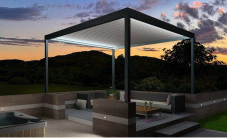 Pergola bioclimatique h2 hélios pose autoportée en îlot grise ral7016 avec lames orientables blanches ral9010 et éclairage led