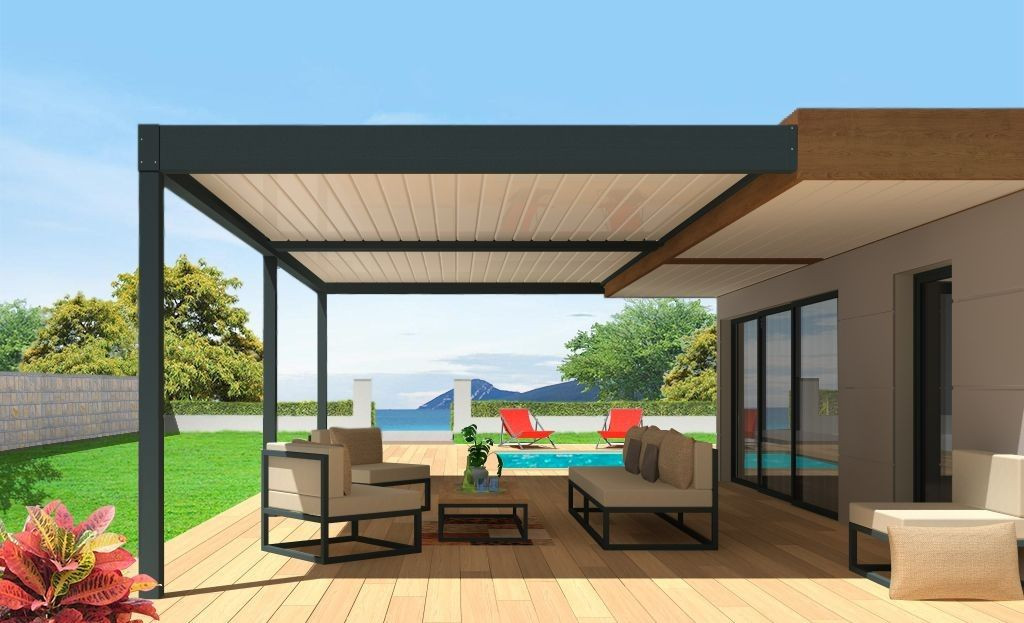 Pergola bioclimatique h3 titan pose mur/sol grise avec lames orientables blanches double travées vue de côté