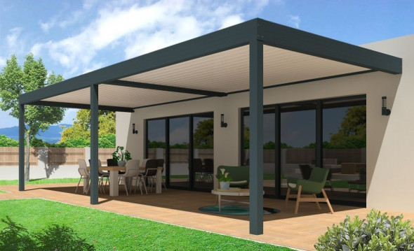 Pergola bioclimatique h3 titan pose mur/sol grise avec lames orientables blanches double travées vue de trois quart