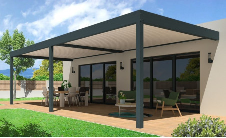 Pergola bioclimatique h3 titan pose mur/sol grise avec lames orientables blanches double travées vue de trois quart