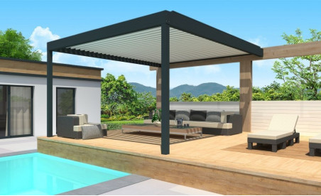 Pergola bioclimatique h3 titan pose mur/sol grise avec lames orientables parallèles blanches