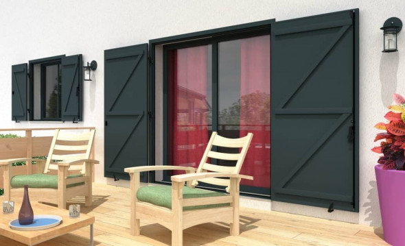 Volet battant isolé en aluminium deux vantaux sur pré-cadre vert pâle ral6021 structuré 2