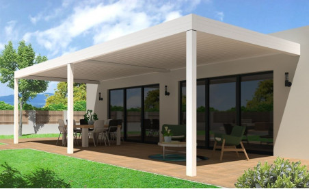 Pergola bioclimatique h3 titan pose mur/sol blanche avec lames orientables double travées