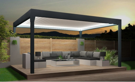 Pergola bioclimatique h3 titan autoportée grise avec lames orientables blanches et éclairage led