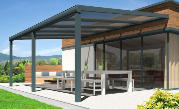 Pergola Gaïa en aluminium grise avec panneau polycarbonate pose mur/sol