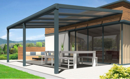 Pergola Gaïa en aluminium grise avec panneau polycarbonate pose mur/sol