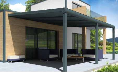 Pergola Gaïa en aluminium grise avec panneau thermotop anthracite et blanc pose mur/sol