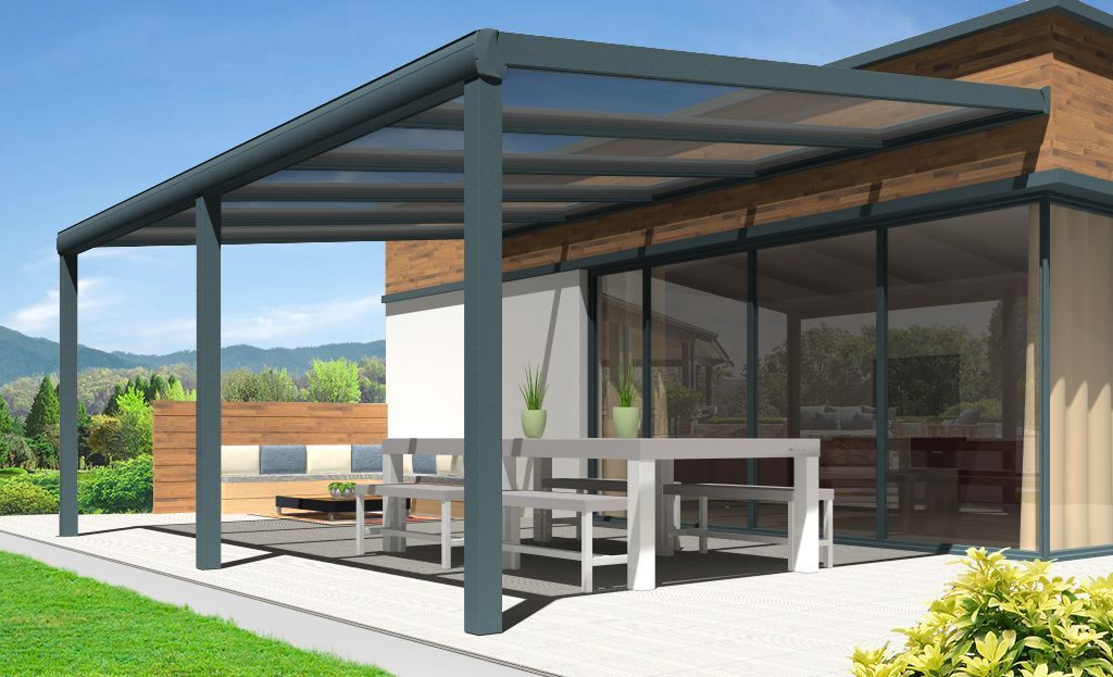 Pergola Gaïa en aluminium grise avec panneau polycarbonate translucide pose mur-sol