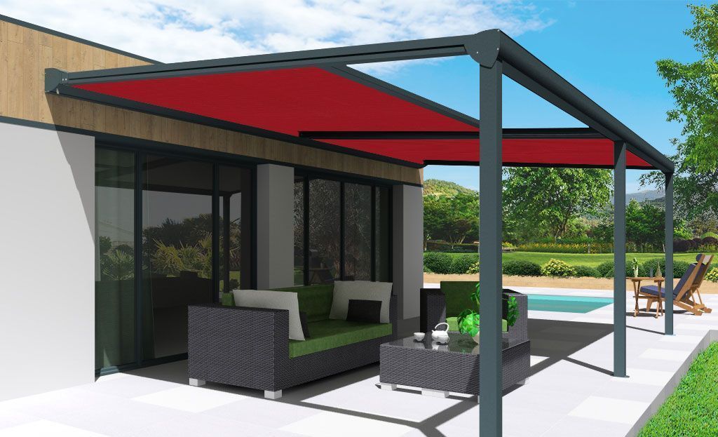 Pergola toile enroulable Phoenix grise avec toile acrylique T113-Rouge foncé double modules